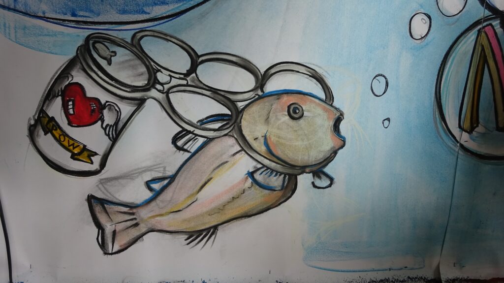 Sketch for Mural of a fish under water caught in a plastic six pack plastic ring with one beer can attached